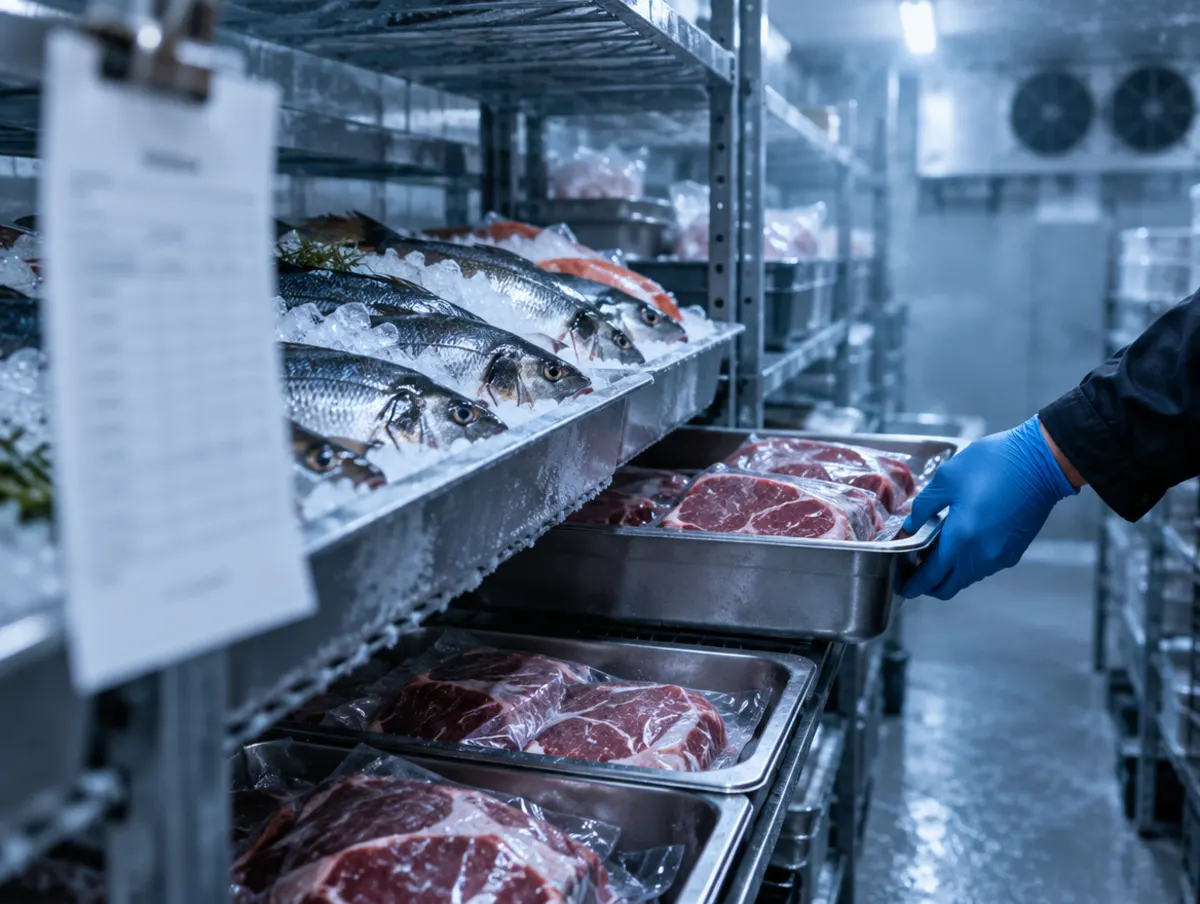 Рыба на льду и мясо в вакуумной упаковке в холодильной камере ресторана