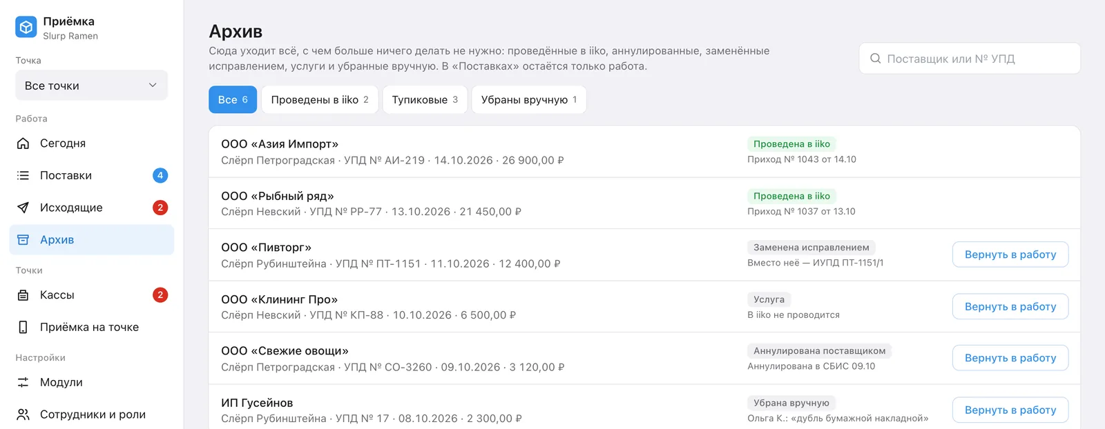 Архив: проведённые в iiko, аннулированные поставщиком и заменённые исправлением документы